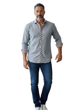 Tailorbyrd Light Blue pink Stripe Button-Down with Contrast Trim size large